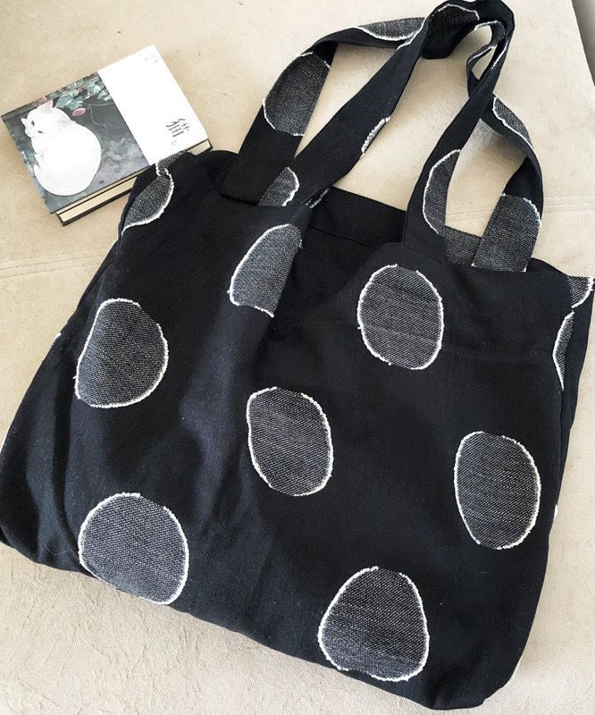 Simple Black Dot Embroidered Jacquard Linen Satchel Handbag