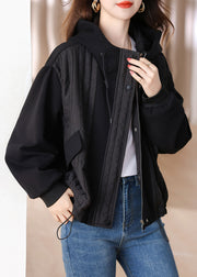Simple Black Drawstring Patchwork Cotton Hoodies Outwear Winter