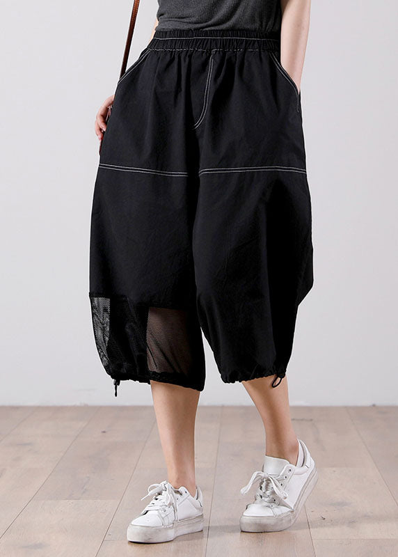Einfache schwarze elastische Taillentaschen Patchwork-Baumwoll-Crop-Hosen Sommer