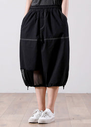 Simple Black Elastic Waist Pockets Patchwork Cotton Crop Pants Summer