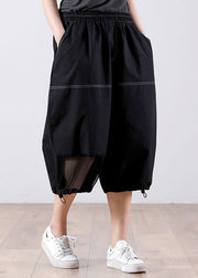 Simple Black Elastic Waist Pockets Patchwork Cotton Crop Pants Summer