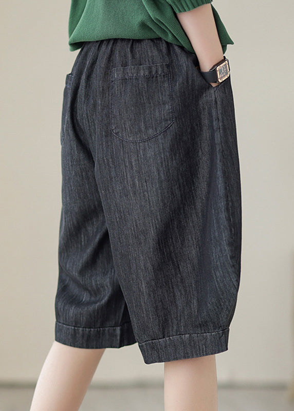 Simple Black Elastic Waist Pockets Solid Cotton Shorts Summer