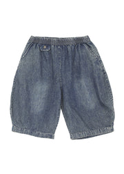 Simple Black Elastic Waist Pockets Solid Cotton Shorts Summer