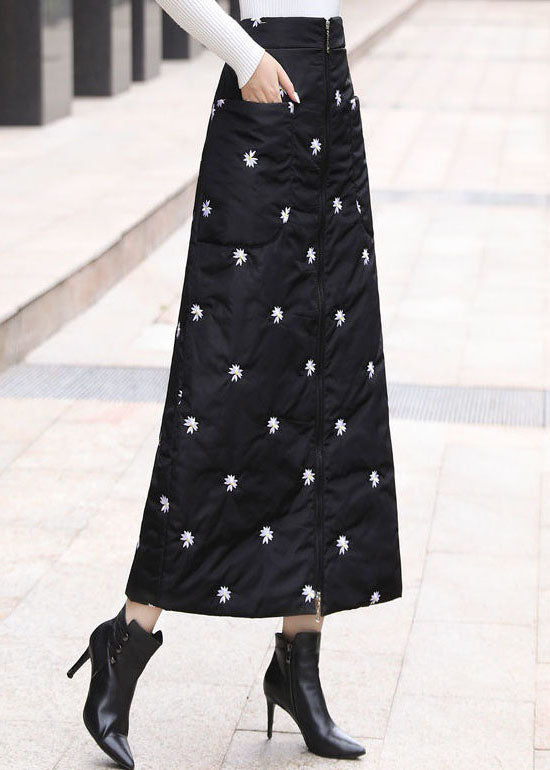 Simple Black Embroidered Pockets Fine Cotton Filled Skirts Winter