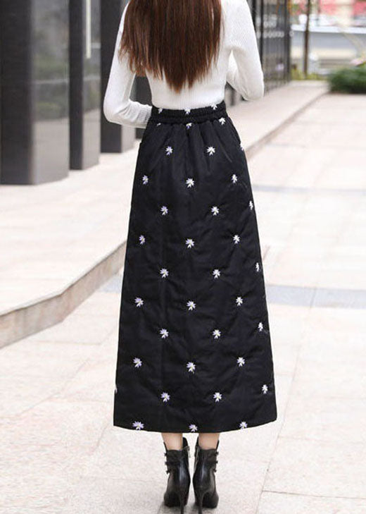 Simple Black Embroidered Pockets Fine Cotton Filled Skirts Winter