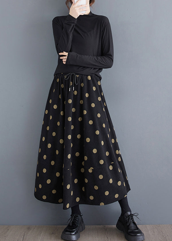 Simple Black Exra Large Hem Dot Print Cotton Skirt Spring