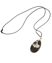 Simple Black Faux Leather Ebony Ginkgo Leaf Pendant Necklace