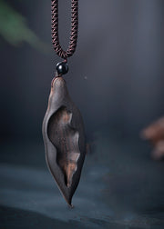 Simple Black Hand Knitting Sandalwood Leaf Pendant Necklace
