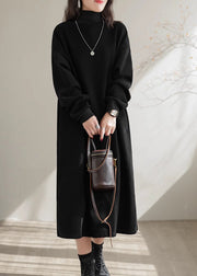 Simple Black Hign Neck Pockets Warm Fleece Long Dress Winter