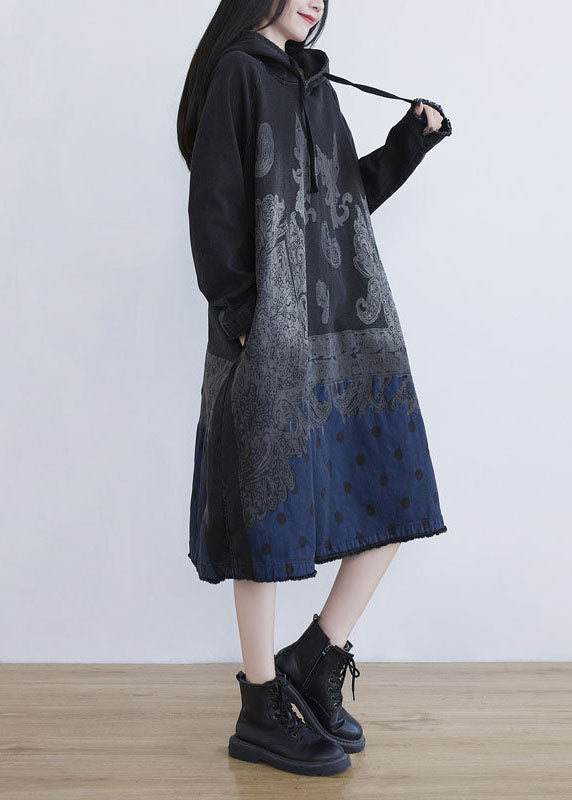Simple Black Hooded Patchwork Print Cotton Dress Spring
