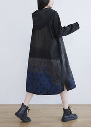 Simple Black Hooded Patchwork Print Cotton Dress Spring
