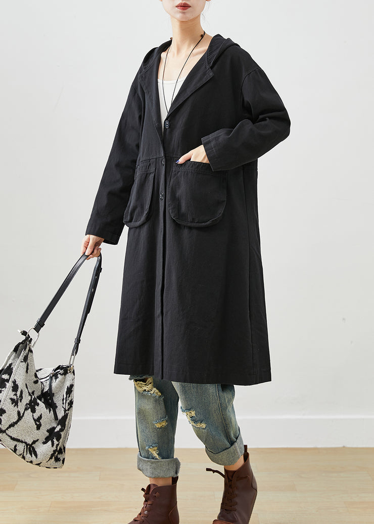 Simple Black Hooded Pockets Cotton Trench Fall