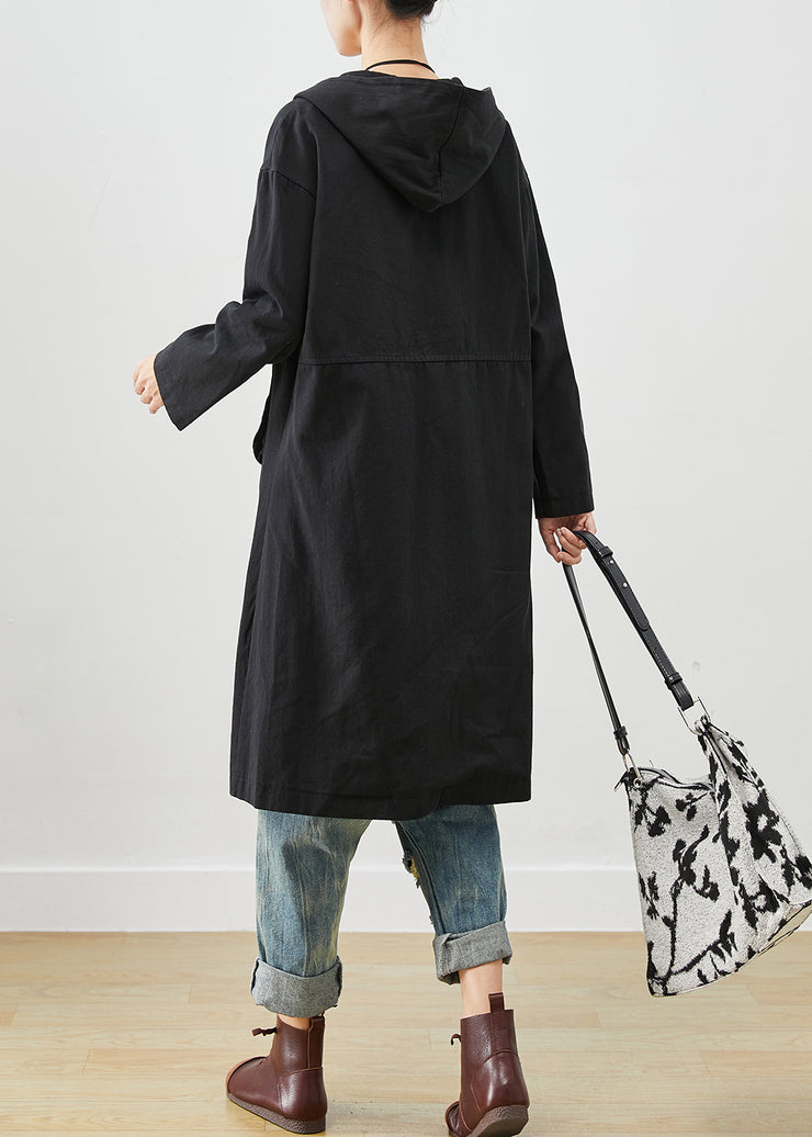 Simple Black Hooded Pockets Cotton Trench Fall