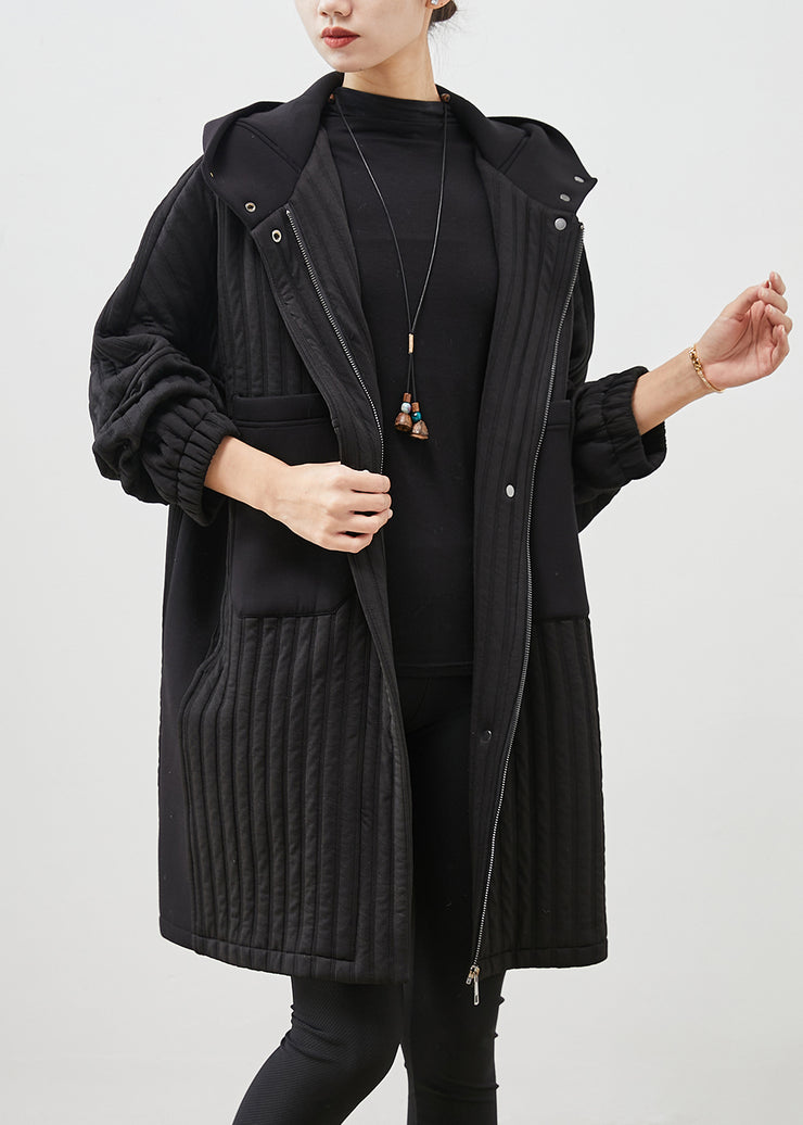 Simple Black Hooded Pockets Fine Cotton Filled Trench Spring