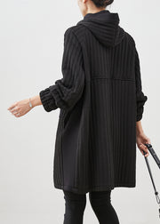 Simple Black Hooded Pockets Fine Cotton Filled Trench Spring