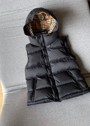 Simple Black Hooded Solid Color Duck Down Puffer Vest Sleeveless