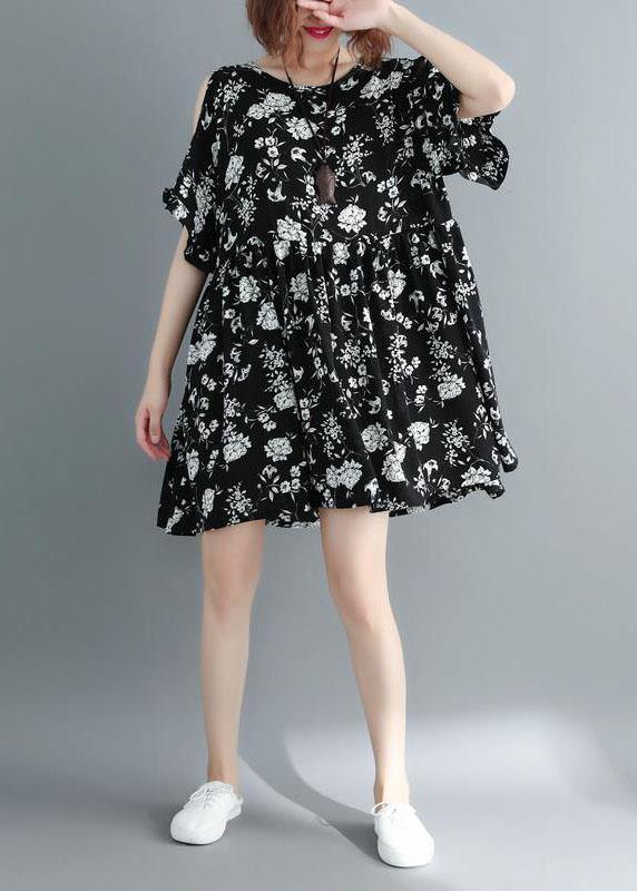 Simple Black Loose Print Summer Party Mini Dress Half Sleeve - SooLinen