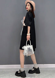 Simple Black Notched Collar Ruffled Tulle Patchwork Mid Dress Short Sleeve