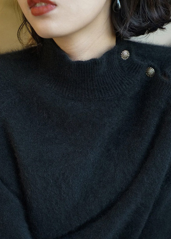 Simple Black O-Neck Button Knit Sweaters Long Sleeve