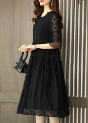 Simple Black O Neck Embroidered Patchwork Chiffon Dresses Half Sleeve
