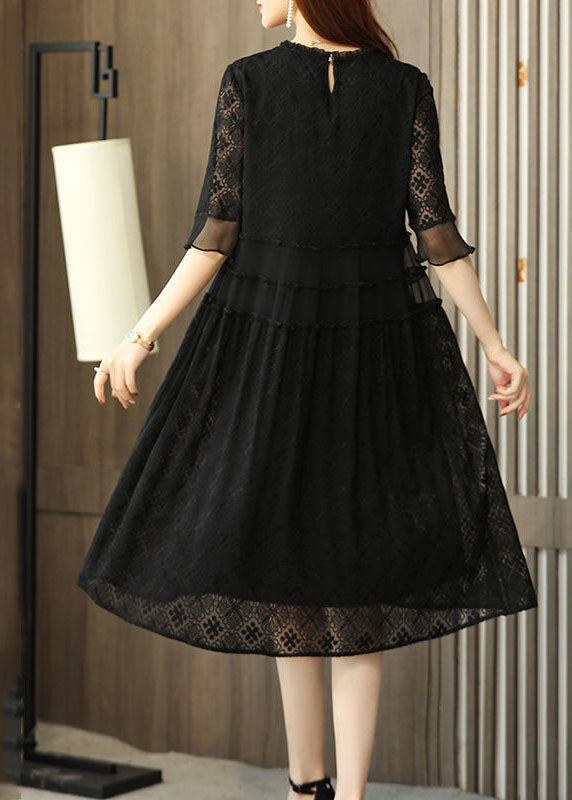 Simple Black O Neck Embroidered Patchwork Chiffon Dresses Half Sleeve