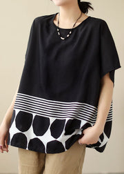 Simple Black O Neck Striped Print Patchwork Cotton T Shirt Top Summer