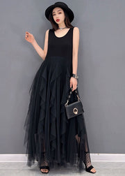Simple Black O-Neck Tulle Patchwork Cotton Dresses Sleeveless