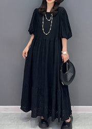 Simple Black O-Neck Wrinkled Elastic Waist Solid Long Dress Summer
