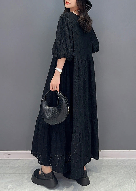 Simple Black O-Neck Wrinkled Elastic Waist Solid Long Dress Summer