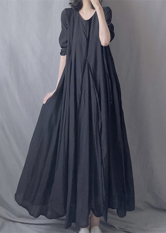 Simple Black O Neck Wrinkled Patchwork Cotton Exra Large Hem Long Dresses Fall