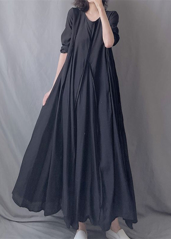 Simple Black O Neck Wrinkled Patchwork Cotton Exra Large Hem Long Dresses Fall