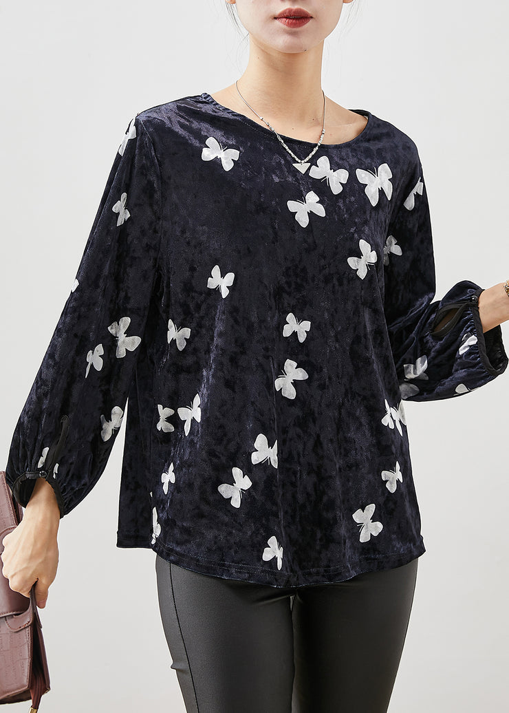 Simple Black Oversized Butterfly Silk Velour Shirt Spring