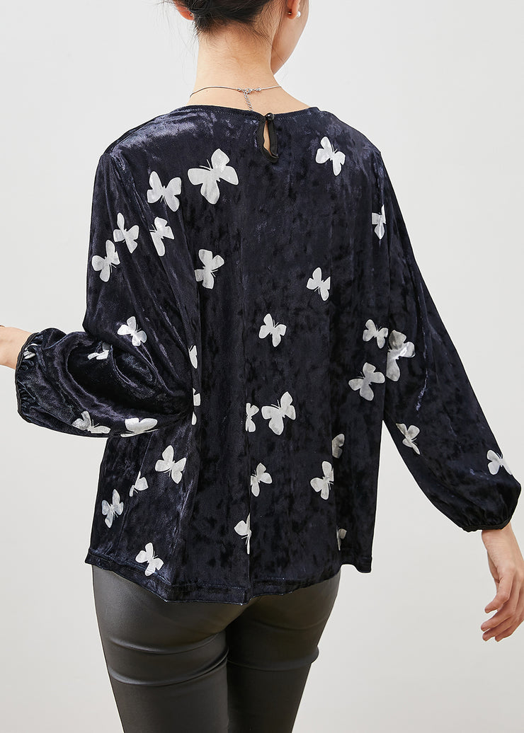 Simple Black Oversized Butterfly Silk Velour Shirt Spring