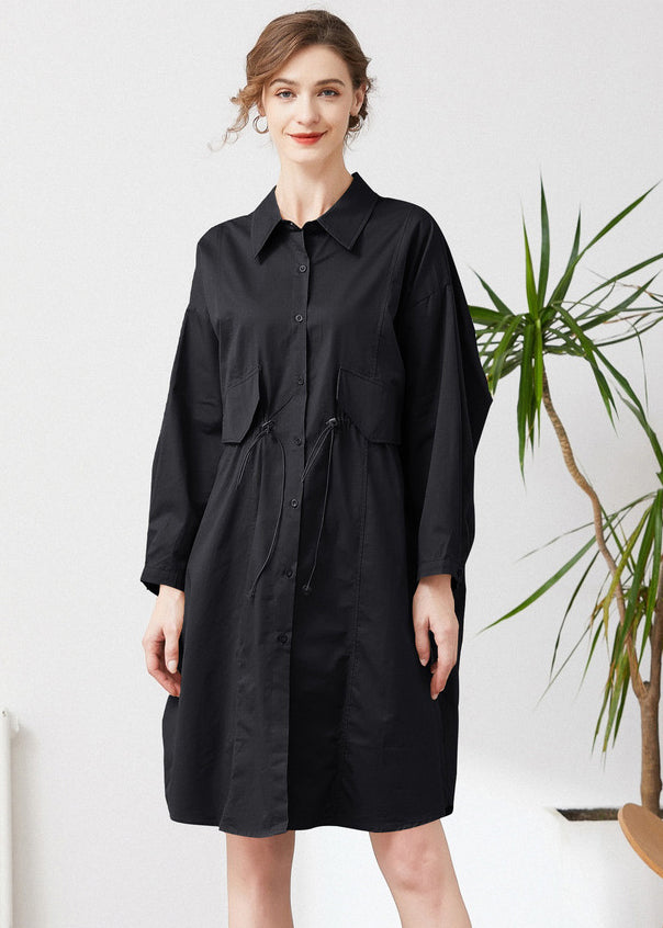 Simple Black Oversized Drawstring Pockets Cotton Trench Spring