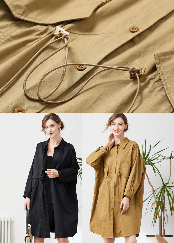 Simple Black Oversized Drawstring Pockets Cotton Trench Spring