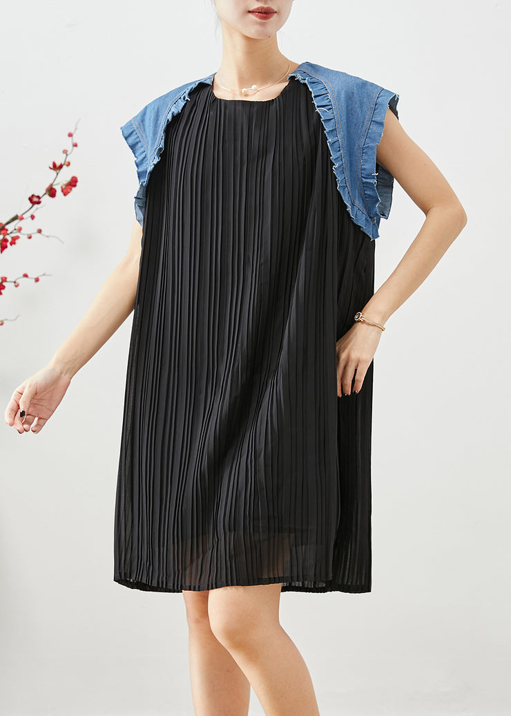 Simple Black Oversized Patchwork Pleated Dresses Summer