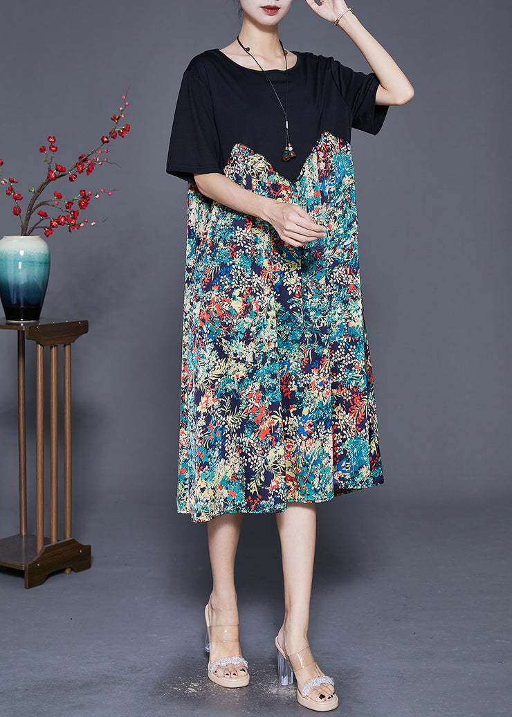 Simple Black Oversized Patchwork Print Silk Long Dresses Summer