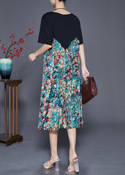 Simple Black Oversized Patchwork Print Silk Long Dresses Summer