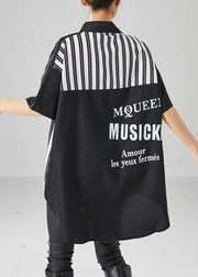 Simple Black Oversized Patchwork Striped Cotton Shirt Dress Summer