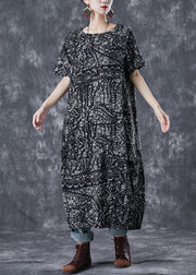 Simple Black Oversized Print Linen Robe Dresses Summer