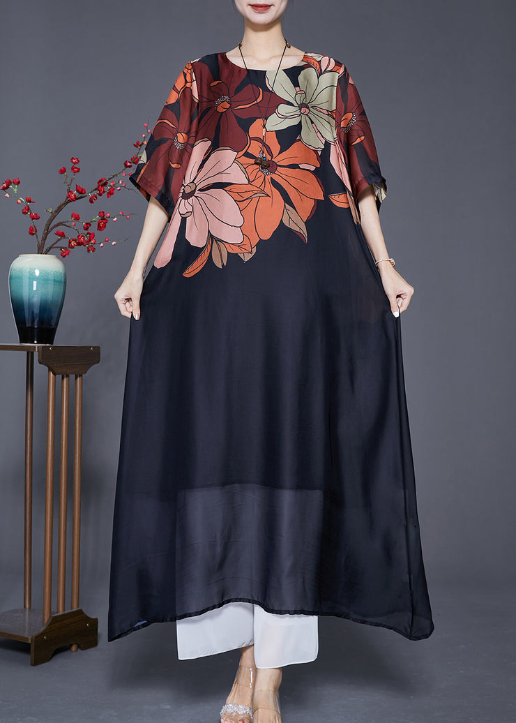 Simple Black Oversized Print Silk Maxi Dresses Summer