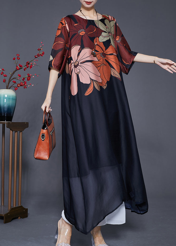 Simple Black Oversized Print Silk Maxi Dresses Summer