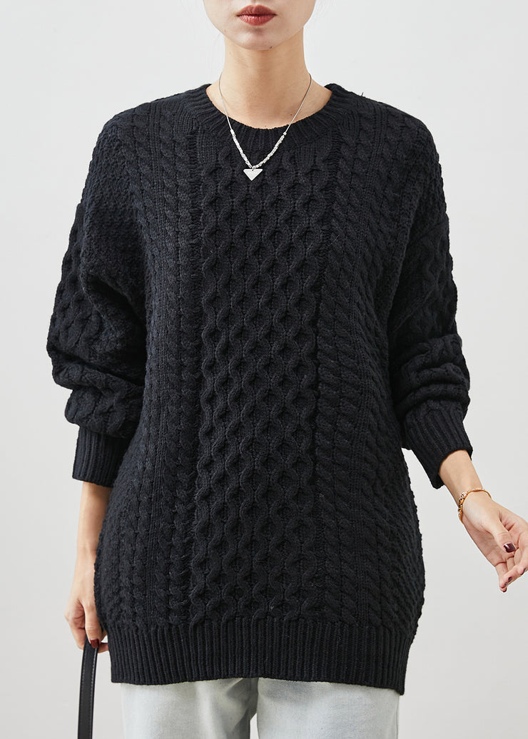 Simple Black Oversized Thick Cable Knit Sweater Tops Spring