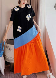Simple Black Patchwork Print Summer Casual Holiday Dress Short Sleeve - SooLinen