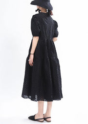 Simple Black Patchwork Puff Sleeve Summer Cotton Long Dresses - SooLinen