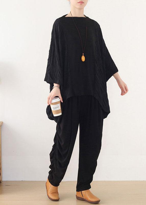 Simple Black Patchwork Wrinkled Batwing Sleeve Fall Shirt Tops - SooLinen