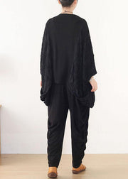 Simple Black Patchwork Wrinkled Batwing Sleeve Fall Shirt Tops - SooLinen