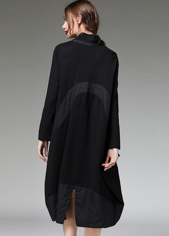 Einfaches schwarzes Patchwork asymmetrisches Design Taschen Robe Kleider Herbst