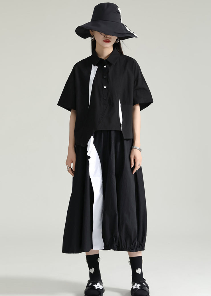 Simple Black Peter Pan Collar Asymmetrical Cotton Shirts Top Summer