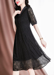 Simple Black Peter Pan Collar Hollow Out Tulle Silk Party Dress Short Sleeve